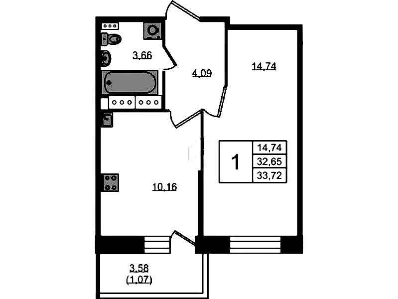 1-комнатная квартира 33.72 м², 3/11 эт., ЖК «Новое Колпино»